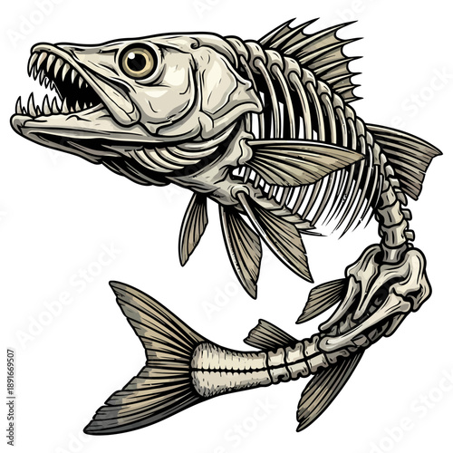 snook fish skeleton illustration with vintage style for fishing logo or apparel design