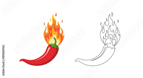A vibrant red chili pepper with flames and its outline counterpart