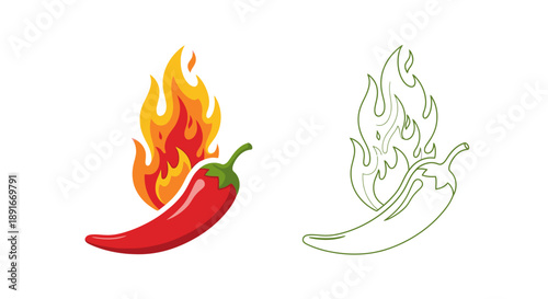 A vibrant red chili pepper with flames and its black and white outline