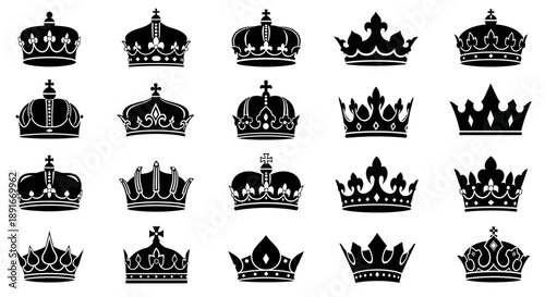 Collection of ornate black crowns displayed in a grid arrangement
