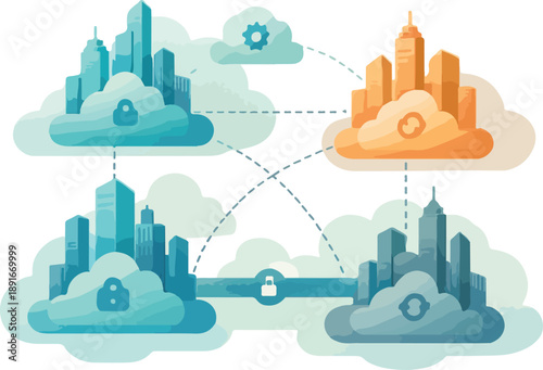 Hybrid and Multi-Cloud Infrastructure Visualized as Interconnected Metropolis