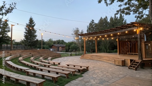 Outdoor amphitheater with wooden seating and string lights at dusk