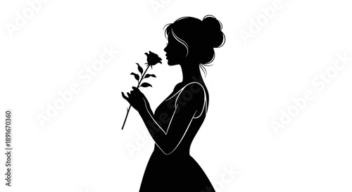 Silhouette of a woman smelling a rose in a minimalist design