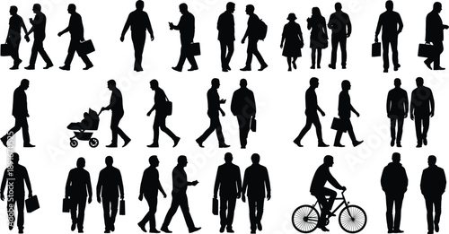 Black silhouettes of people walking and riding bicycle people, silhouettes, walking, business, men, women, stroller, bicycle, briefcases, bags, hats, commuting, city, urban, crowds, transportation, da