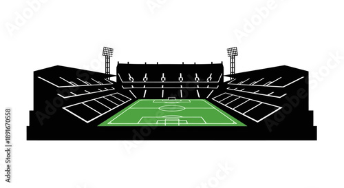 Minimalist illustration of a soccer stadium with a green field