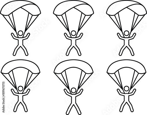 Black and white parachutist silhouette set with varied canopy shapes for skydiving, aviation, physics education, and motion-themed vector illustrations.