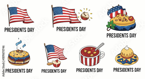 Presidents day themed illustrations featuring american flags patriotic food and celebratory elements in a colorful cartoon style