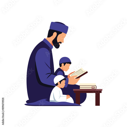 Muslim father sits on the floor with his two young sons, patiently teaching them how to read from the holy Quran.