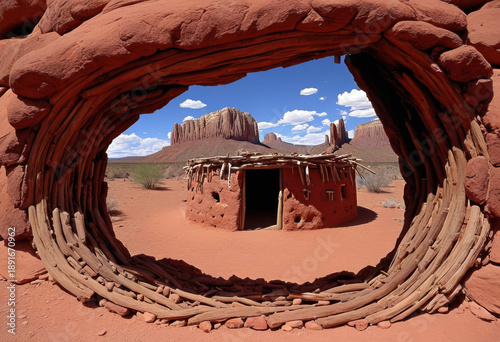 Traditional Navajo hogan in Arizona desert, circular earth-covered, log frame, smoke hole, red rock landscape