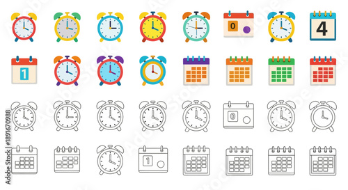 Collection of colorful alarm clocks calendars and time related icons