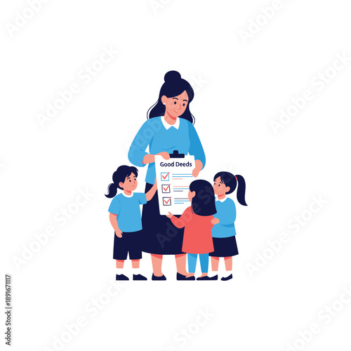 Female teacher shows a 'Good Deeds' checklist to a group of three young girls, encouraging positive behavior and kindness.