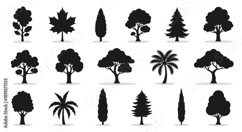 Collection of various black silhouette trees and leafy plant shapes