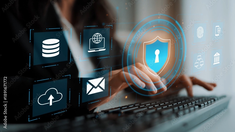 Naklejka premium Modern Cyber Security Concept with Digital Shield, Database Icons, and Cloud Technologies on Keyboard in Office Environment Gluon.