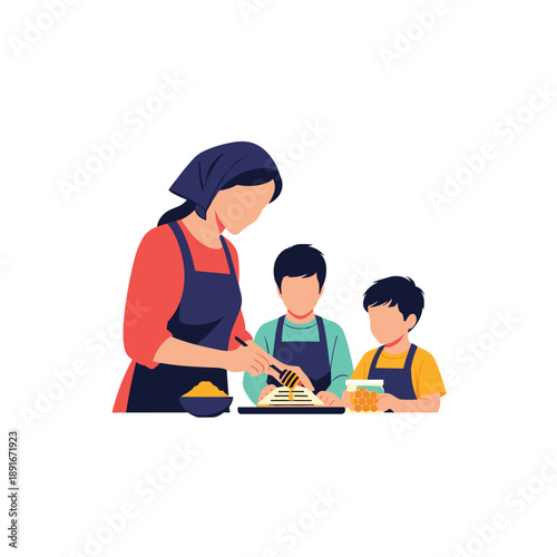 Mother in an apron teaches her two young sons how to prepare food in the kitchen, passing on cooking skills and traditions.