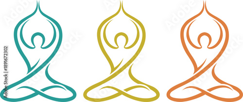 Yoga meditation symbols in teal, yellow and orange line art design representing harmony balance and mindfulness