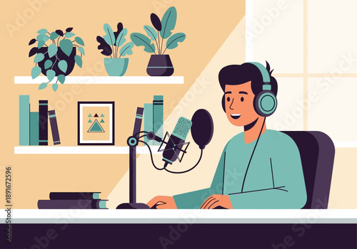 A minimalist flat design illustration depicting a podcast host in a modern, aesthetic indoor studio, speaking into a microphone with headphones