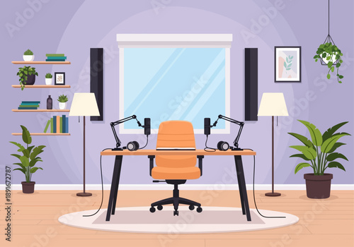 A pristine flat design illustration of an empty, aesthetically pleasing indoor podcast studio, showcasing a sleek desk with equipment and inviting decor