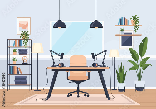 A pristine flat design illustration of an empty, aesthetically pleasing indoor podcast studio, showcasing a sleek desk with equipment and inviting decor