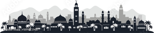 Morocco city skyline, Islamic holy sites cityscape, Kaaba and the Grand Mosque of Mecca. Middle Eastern architectural style with domes and arches, palm trees, hills or mountains silhouette