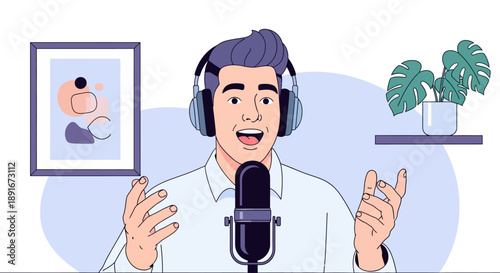 This flat design illustration portrays an energetic podcast host gesturing animatedly while speaking into a microphone, capturing the dynamic nature of live audio content