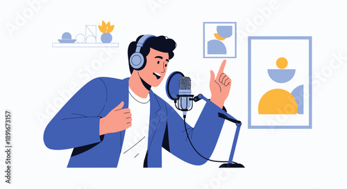 This flat design illustration portrays an energetic podcast host gesturing animatedly while speaking into a microphone, capturing the dynamic nature of live audio content