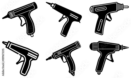 Various drill guns and a soldering iron are arranged in a collage on a white background from different viewpoints