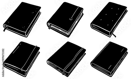 Collection of black notebooks with varied designs and closures, illustrated in a clean style on a plain background