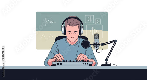 This flat design illustration shows a dedicated podcast host in an aesthetic indoor studio, carefully adjusting a minimalist sound mixer
