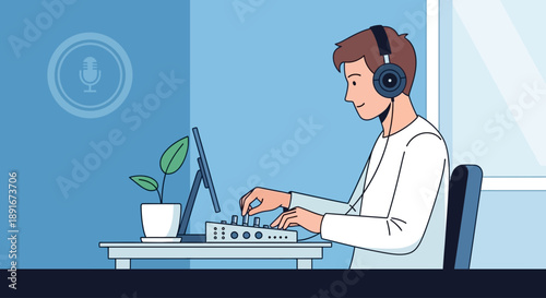 This flat design illustration shows a dedicated podcast host in an aesthetic indoor studio, carefully adjusting a minimalist sound mixer