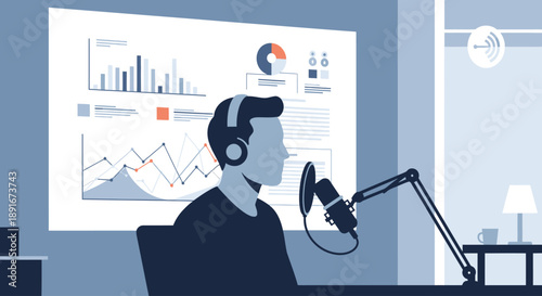 This flat design illustration shows a podcast host in an aesthetic indoor studio, presenting alongside a minimalist flat design chart or infographic on a screen