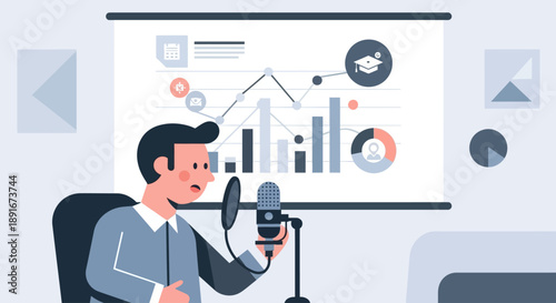 This flat design illustration shows a podcast host in an aesthetic indoor studio, presenting alongside a minimalist flat design chart or infographic on a screen