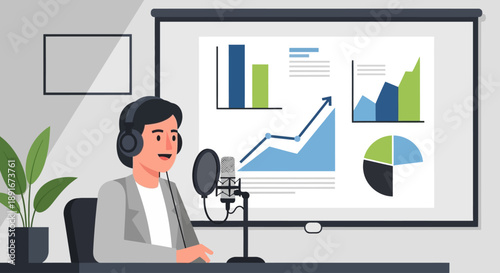 This flat design illustration shows a podcast host in an aesthetic indoor studio, presenting alongside a minimalist flat design chart or infographic on a screen