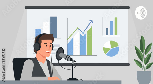 This flat design illustration shows a podcast host in an aesthetic indoor studio, presenting alongside a minimalist flat design chart or infographic on a screen