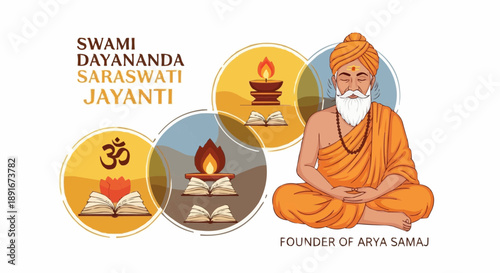 Swami dayananda saraswati jayanti poster with founder arya samaj illustration meditation sacred symbols and ancient texts