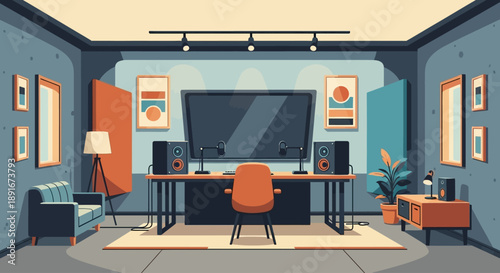A flat design illustration of a professional, aesthetic indoor podcast studio, subtly integrating a clean, minimalist podcast logo for branding