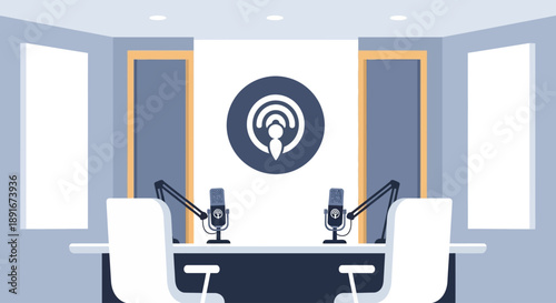 A flat design illustration of a professional, aesthetic indoor podcast studio, subtly integrating a clean, minimalist podcast logo for branding