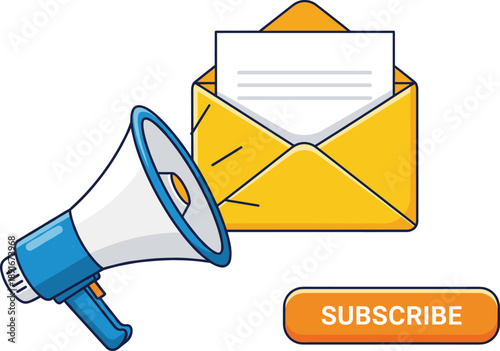 Email Subscription Promotion with Megaphone, Envelope, and Subscribe Button Highlighting Newsletter Signup and Digital Marketing Call to Action