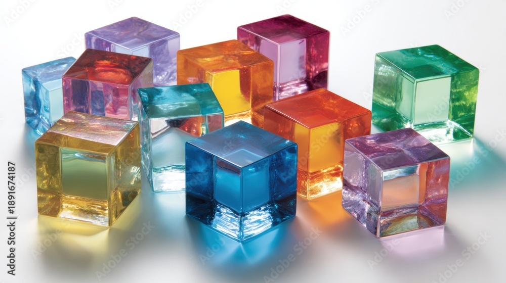 Obraz premium Bright multicolored transparent acrylic cubes on white surface.