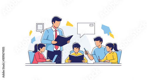 Male teacher reading from a book to a diverse group of four students sitting at a desk and actively learning together.