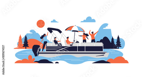 Cheerful friends enjoying a summer party on a pontoon boat, cruising on a scenic lake surrounded by mountains and forests.