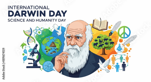 Illustration of charles darwin surrounded by science and nature symbols for international darwin day celebration