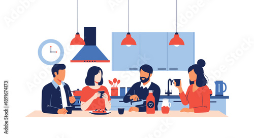 Group of happy friends gathering in a modern kitchen, enjoying coffee and conversation together during a home breakfast.