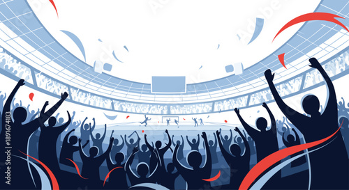 Cheering crowd of excited sports fans in a packed stadium celebrating a victory with confetti and raised arms during a match.