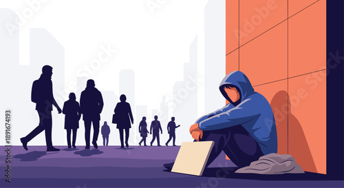 Homeless person sitting on a city street with a cardboard sign, illustrating social issues like poverty, despair, and unemployment.