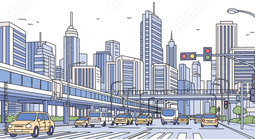 Bustling city street scene with skyscrapers, traffic, pedestrians, and an elevated metro train in a modern urban landscape.