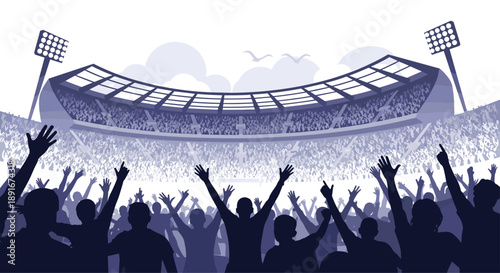 Silhouette of a massive crowd of cheering fans with raised hands in a sports stadium, celebrating a goal or victory.