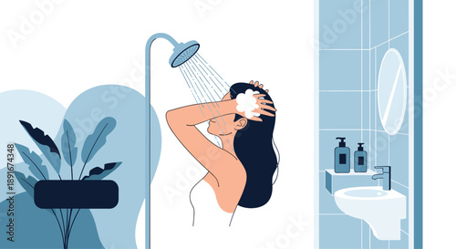 Young woman taking a shower in a modern bathroom, washing her long hair with shampoo for her daily hygiene routine.
