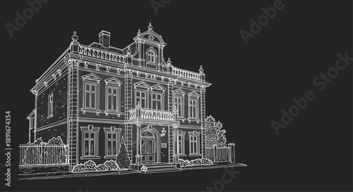 A detailed white line art sketch of a historic baroque or neoclassical mansion on a solid black background for contrast.