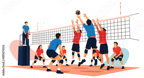 Two teams of male volleyball players competing in a dynamic match, with one player spiking the ball at the net.