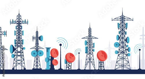Telecommunication towers with antennas and satellite dishes creating a seamless pattern against a modern city skyline background.